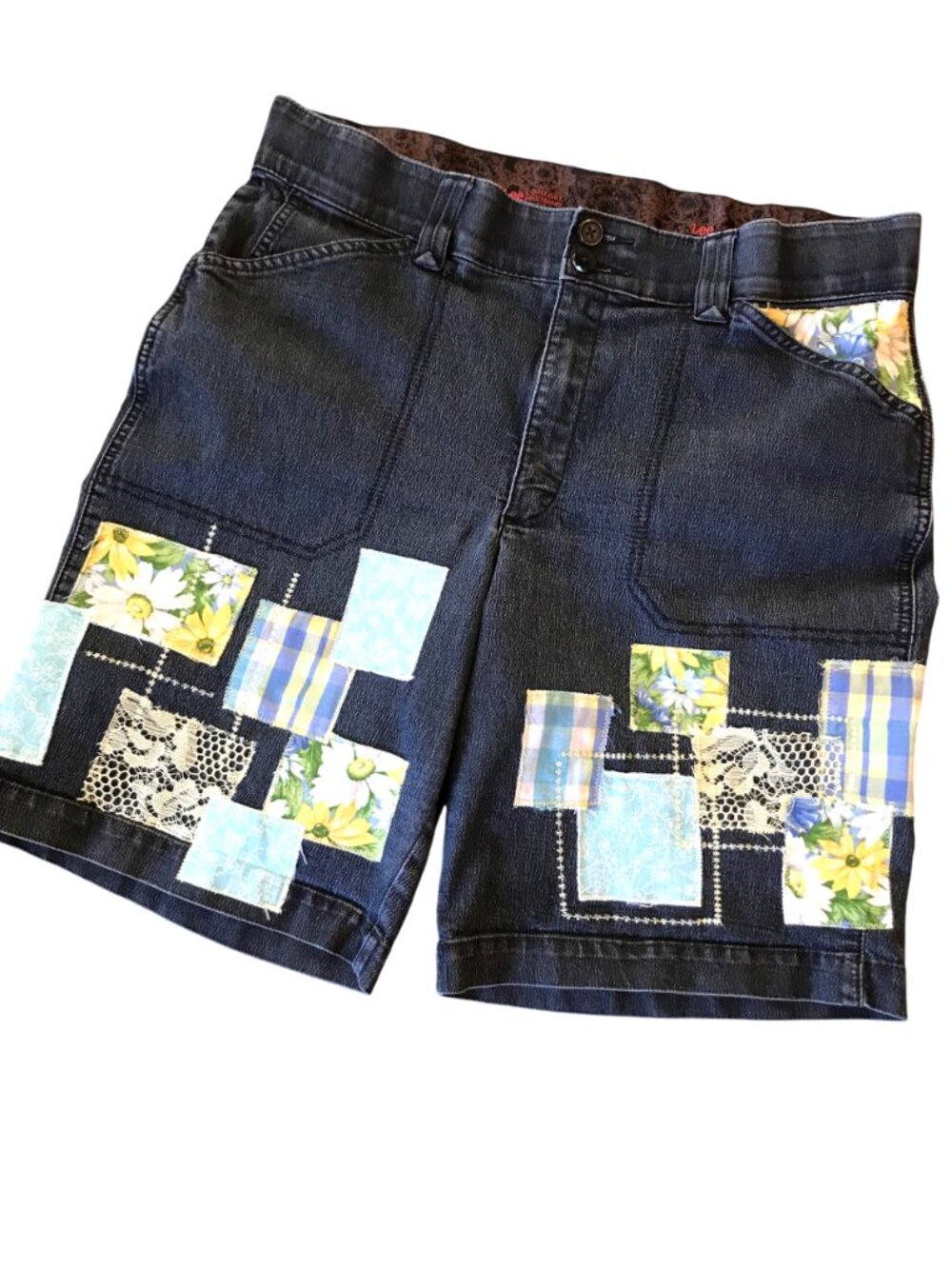 Upcycled Denim Jean Shorts, Boho Patchwork Decorative Stitching Size 14